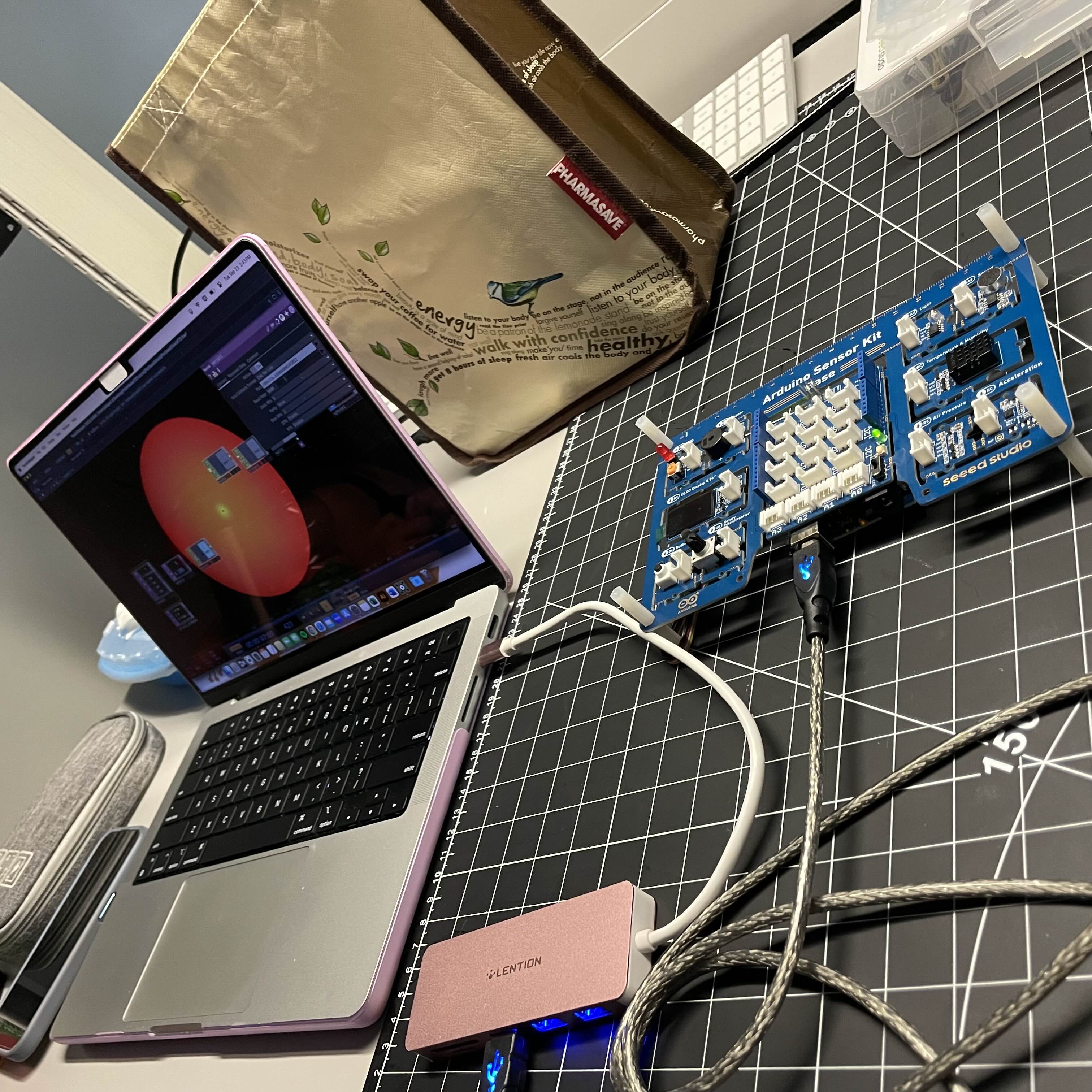 Our setup for testing Touch Designer with the Arduino sensor.